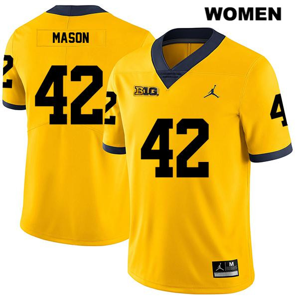 Women's NCAA Michigan Wolverines Ben Mason #42 Yellow Jordan Brand Authentic Stitched Legend Football College Jersey PX25R68ME